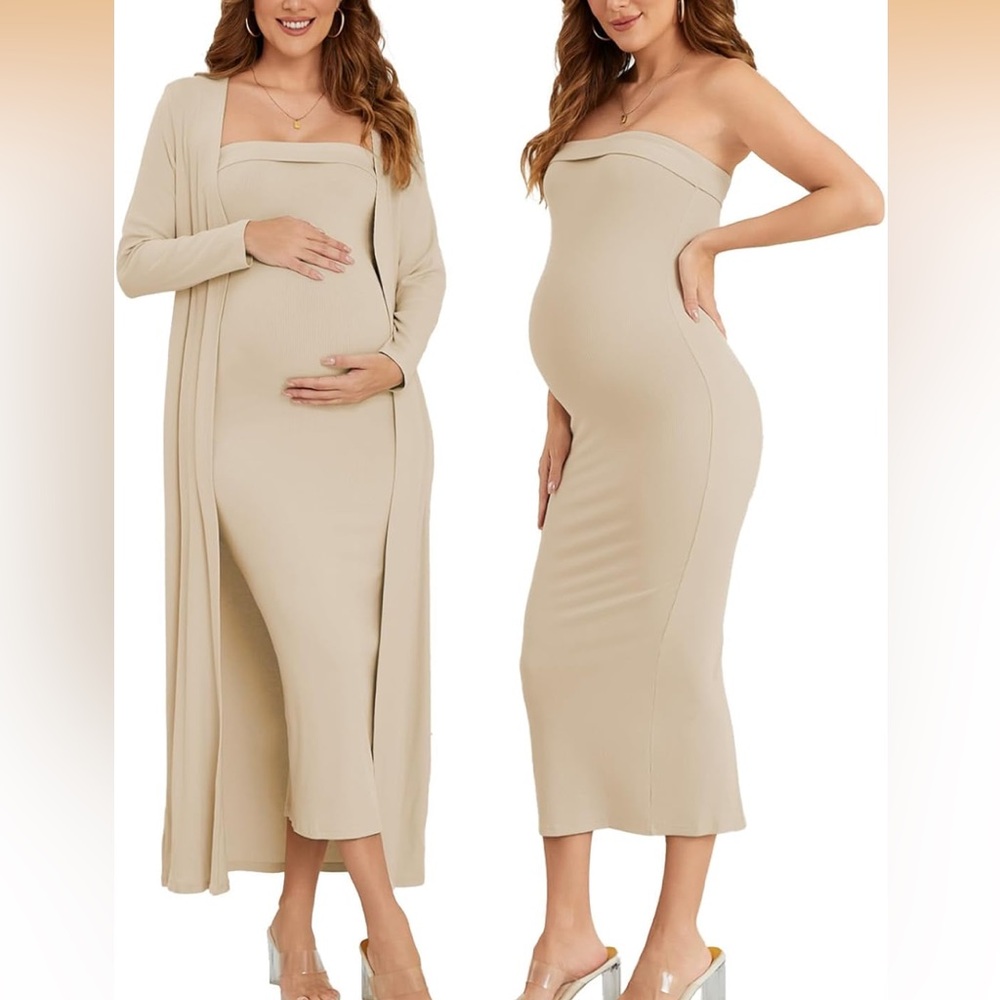 2 Piece Maternity Ribbed Tube Dress And Cardigan With Pockets Color Oatmeal XL